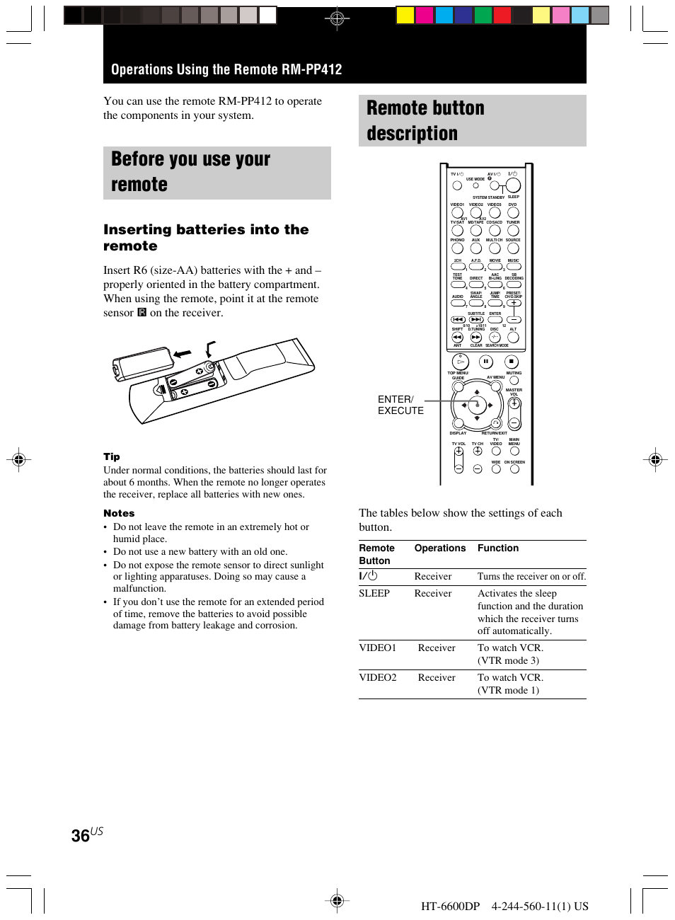 Operations using the remote rm-pp412, Before you use your remote, Remote button description | Inserting batteries into the remote, The tables below show the settings of each button, Remote operations function button, Enter/ execute | Sony HT-6600DP User Manual | Page 36 / 52