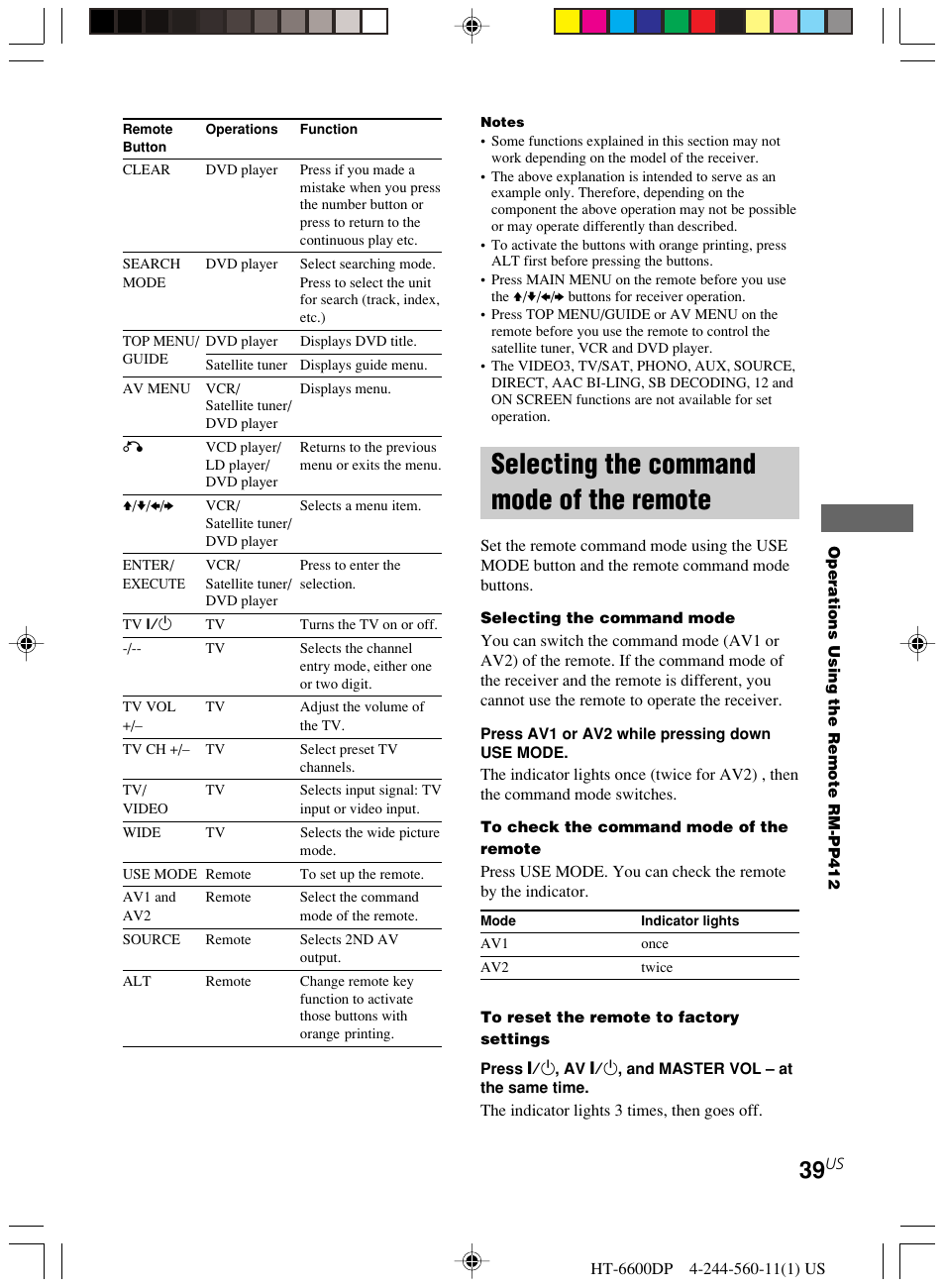 Selecting the command mode of the, Remote, Selecting the command mode of the remote | Sony HT-6600DP User Manual | Page 39 / 52