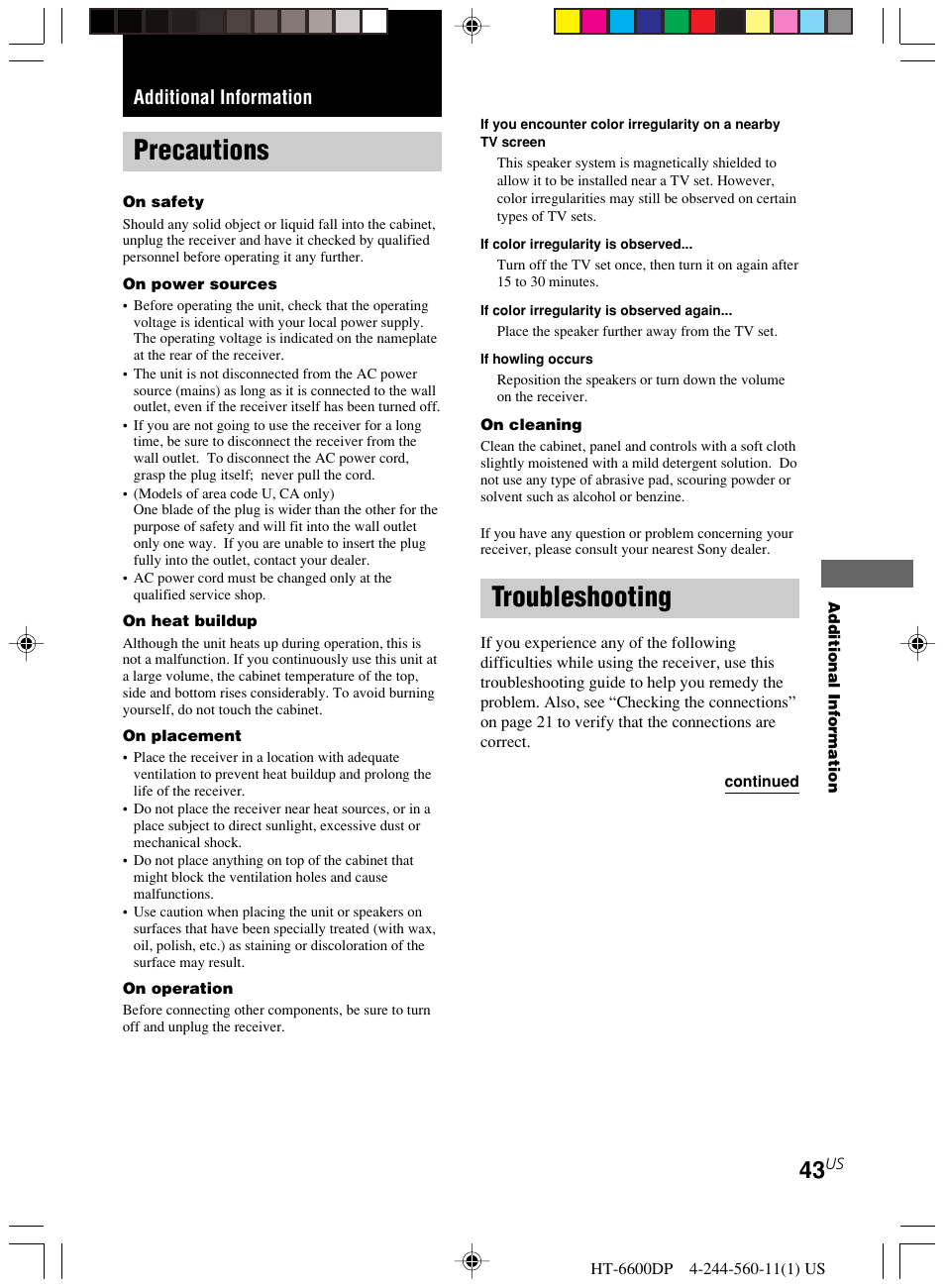 Additional information, Precautions troubleshooting, Troubleshooting | Precautions | Sony HT-6600DP User Manual | Page 43 / 52