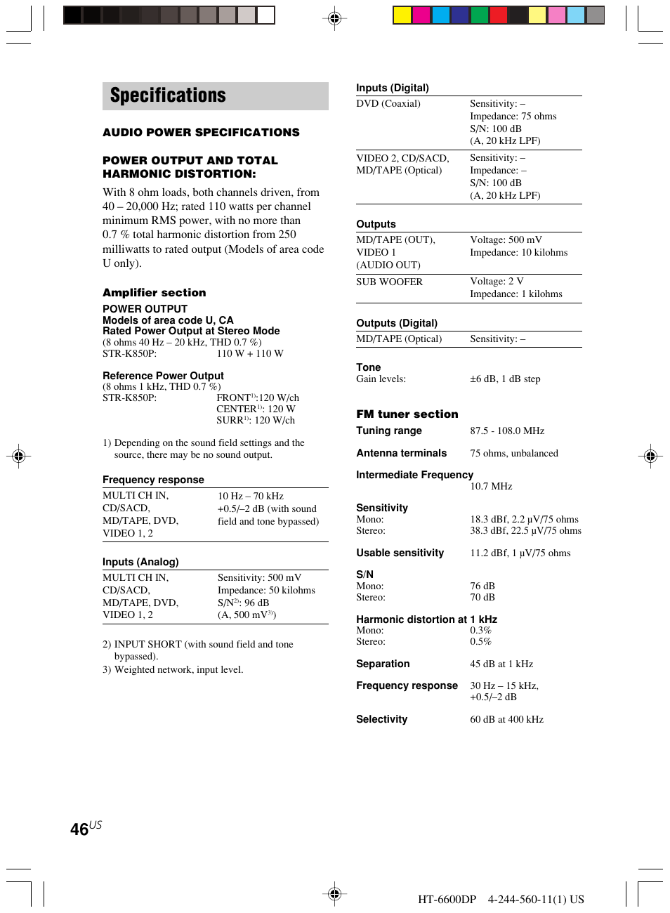 Specifications | Sony HT-6600DP User Manual | Page 46 / 52