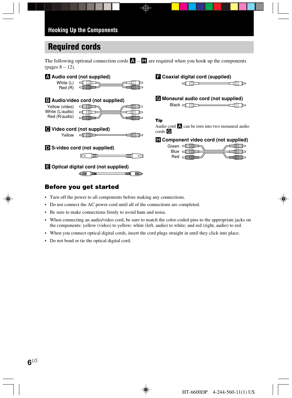 Hooking up the components, Required cords, Hooking up the components before you get started | Sony HT-6600DP User Manual | Page 6 / 52
