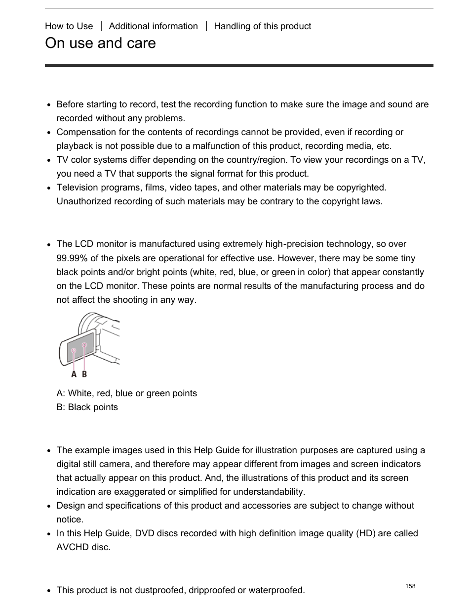 On use and care | Sony FDR-AX100 User Manual | Page 170 / 204