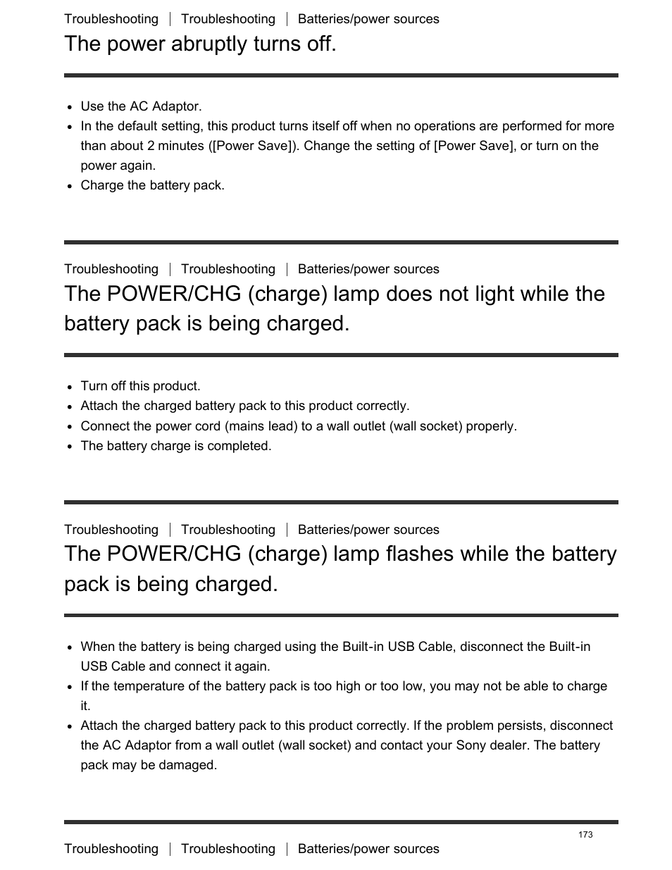 The power abruptly turns off, Battery pack is being charged, The power/chg (charge) lamp flashes while the | Batterypack is being charged | Sony FDR-AX100 User Manual | Page 185 / 204