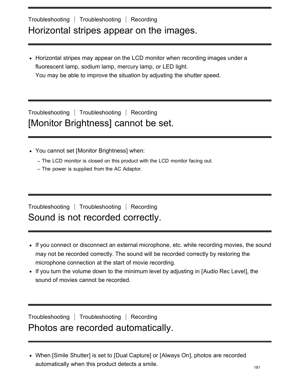 Horizontal stripes appear on the images, Monitor brightness] cannot be set, Sound is not recorded correctly | Photos are recorded automatically, Images cannot be played back | Sony FDR-AX100 User Manual | Page 193 / 204
