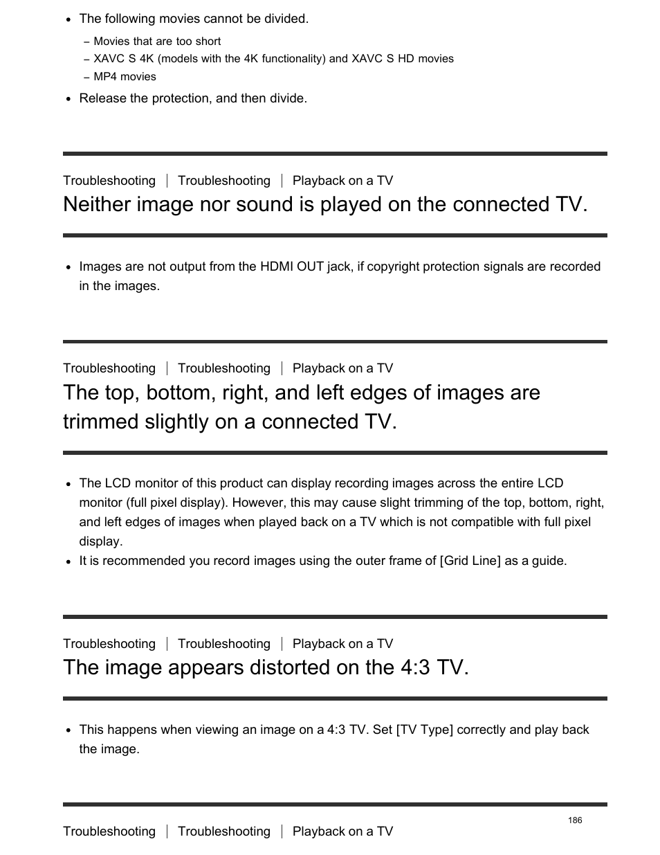 The image appears distorted on the 4:3 tv, Trimmed slightly on a connected tv | Sony FDR-AX100 User Manual | Page 198 / 204