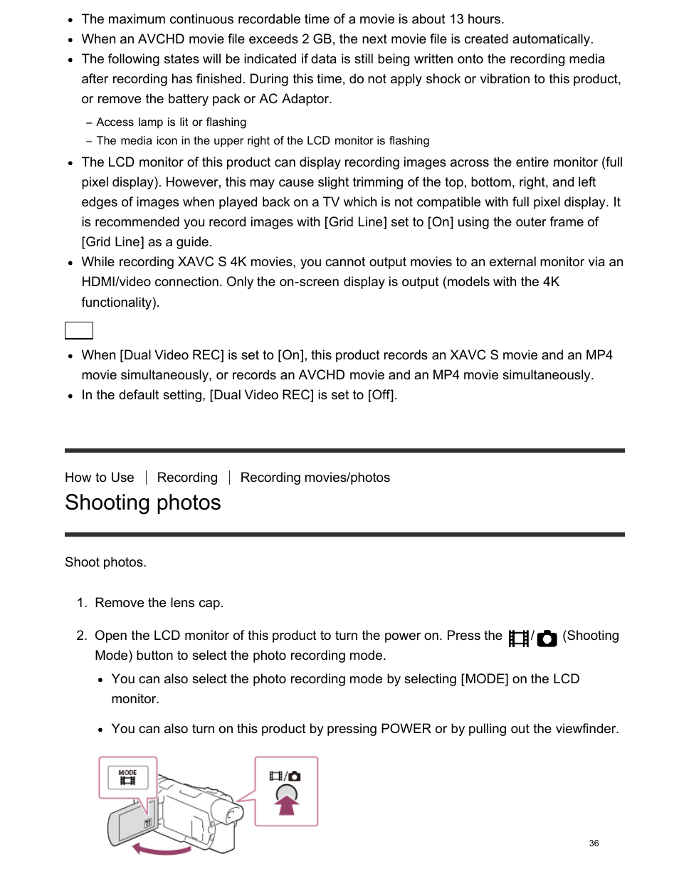 Shooting photos | Sony FDR-AX100 User Manual | Page 48 / 204