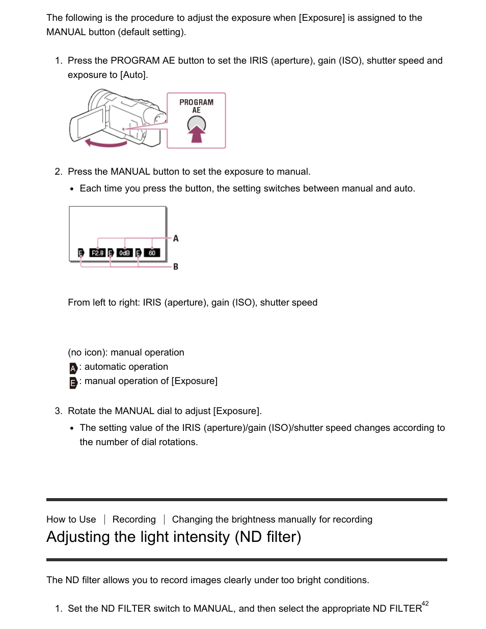 Adjusting the exposure, Adjusting the light intensity (nd filter) | Sony FDR-AX100 User Manual | Page 54 / 204