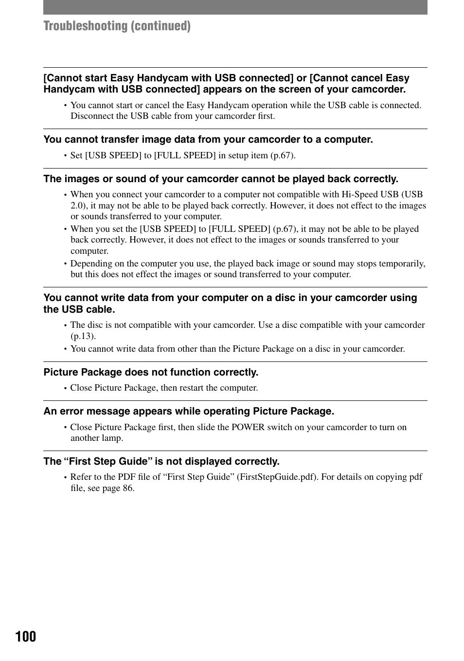 Troubleshooting (continued) | Sony DCR-DVD92 User Manual | Page 100 / 120