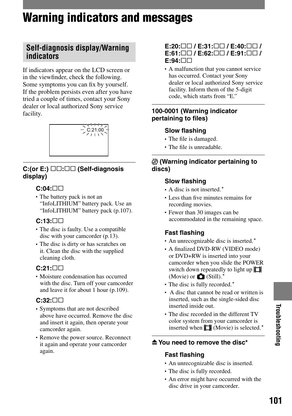 Warning indicators and messages, Self-diagnosis display/warning indicators | Sony DCR-DVD92 User Manual | Page 101 / 120
