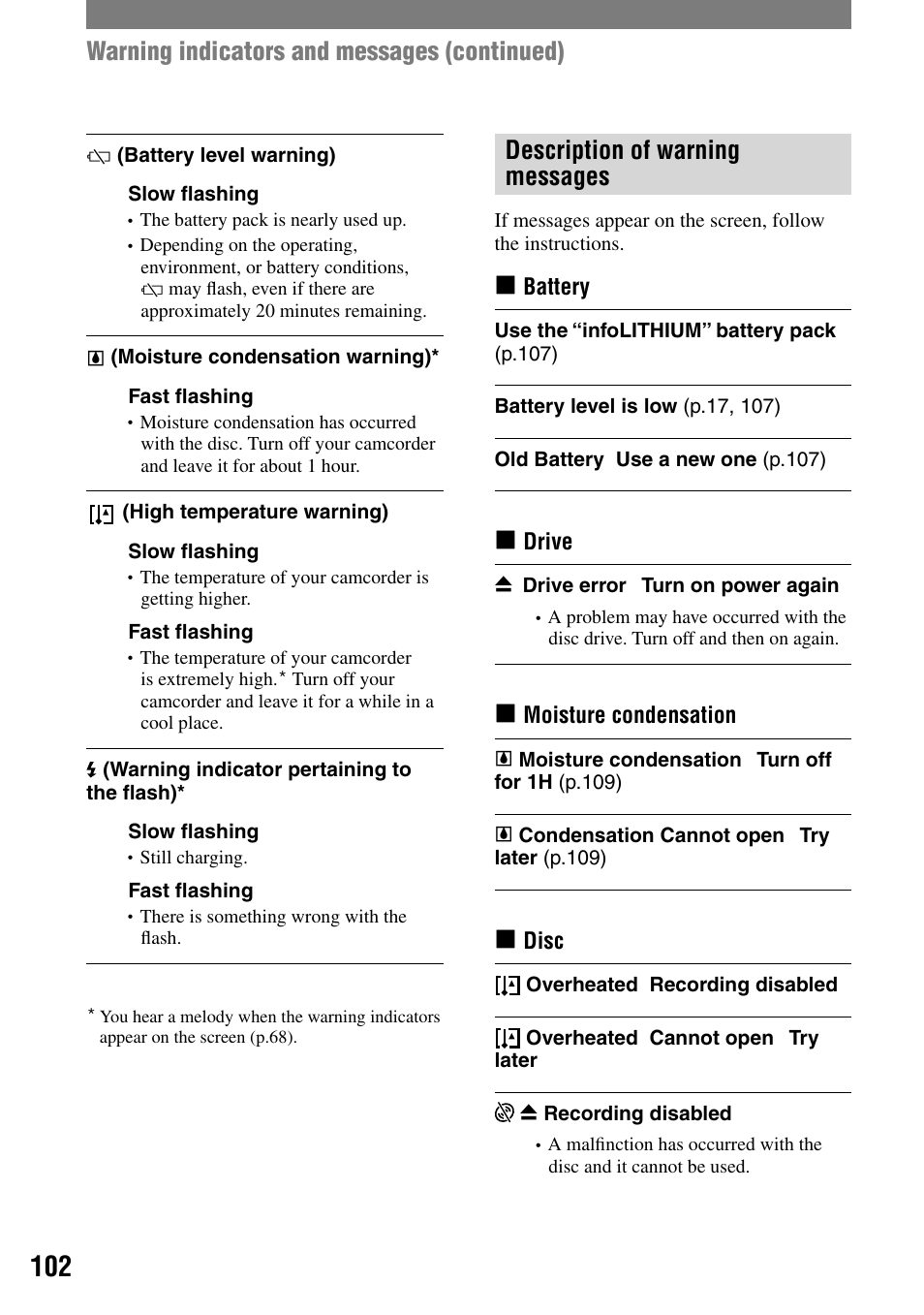 Description of warning messages, Warning indicators and messages (continued) | Sony DCR-DVD92 User Manual | Page 102 / 120