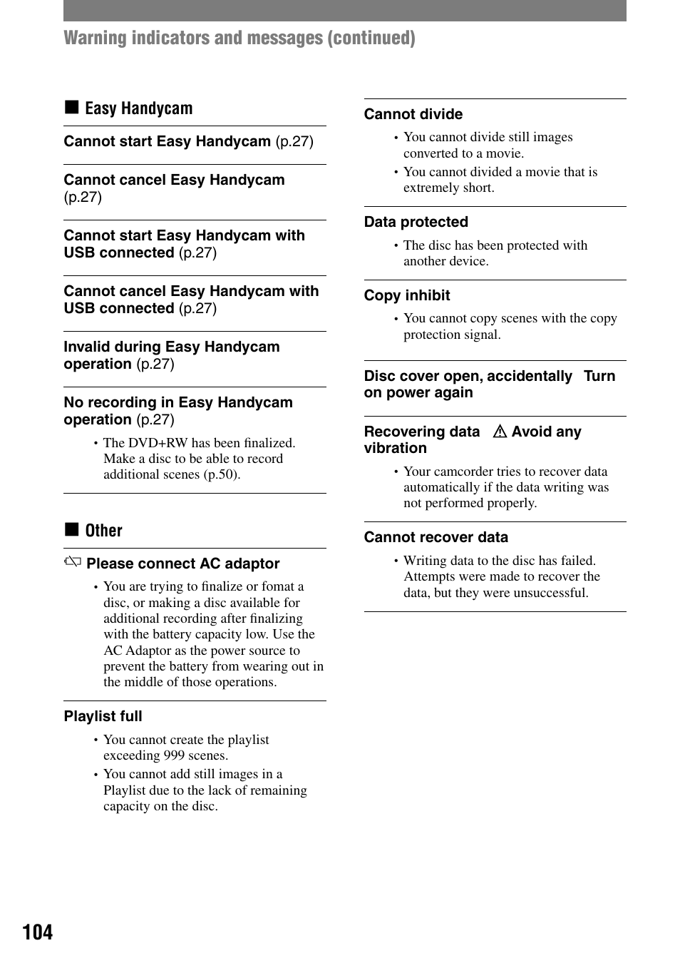 Warning indicators and messages (continued) | Sony DCR-DVD92 User Manual | Page 104 / 120