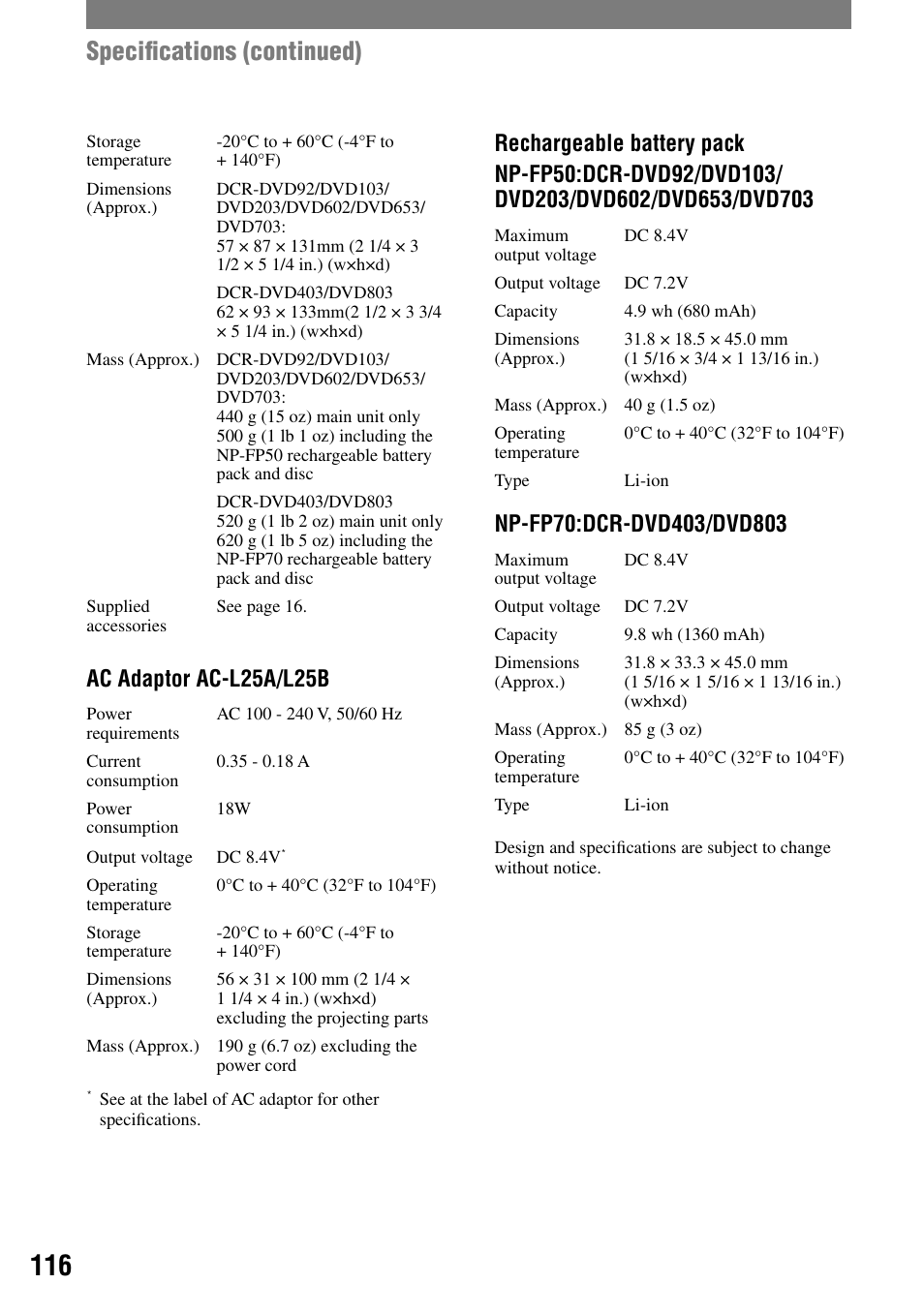Speciﬁcations (continued), Ac adaptor ac-l25a/l25b | Sony DCR-DVD92 User Manual | Page 116 / 120