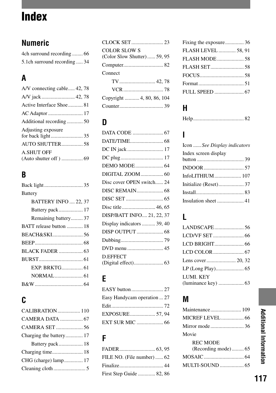 Index, Numeric | Sony DCR-DVD92 User Manual | Page 117 / 120