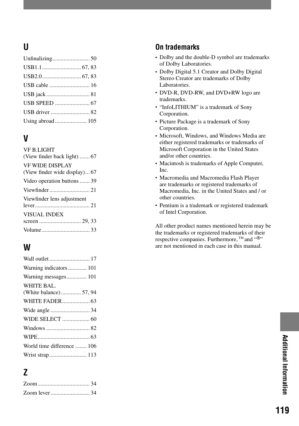 On trademarks | Sony DCR-DVD92 User Manual | Page 119 / 120