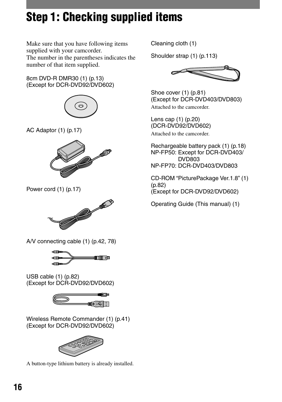 Getting started, Step 1: checking supplied items | Sony DCR-DVD92 User Manual | Page 16 / 120