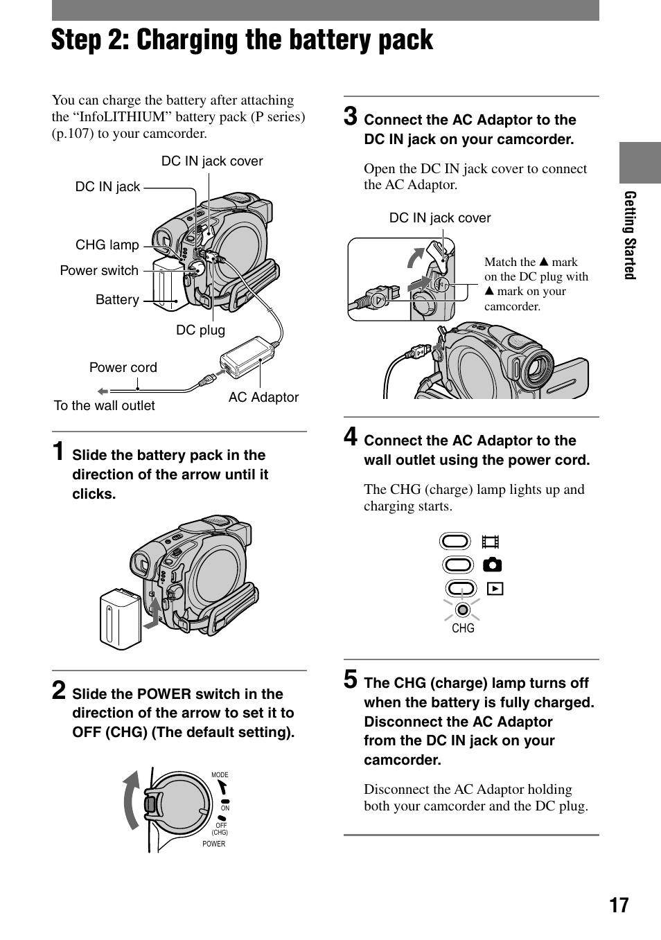 Step 2: charging the battery pack | Sony DCR-DVD92 User Manual | Page 17 / 120