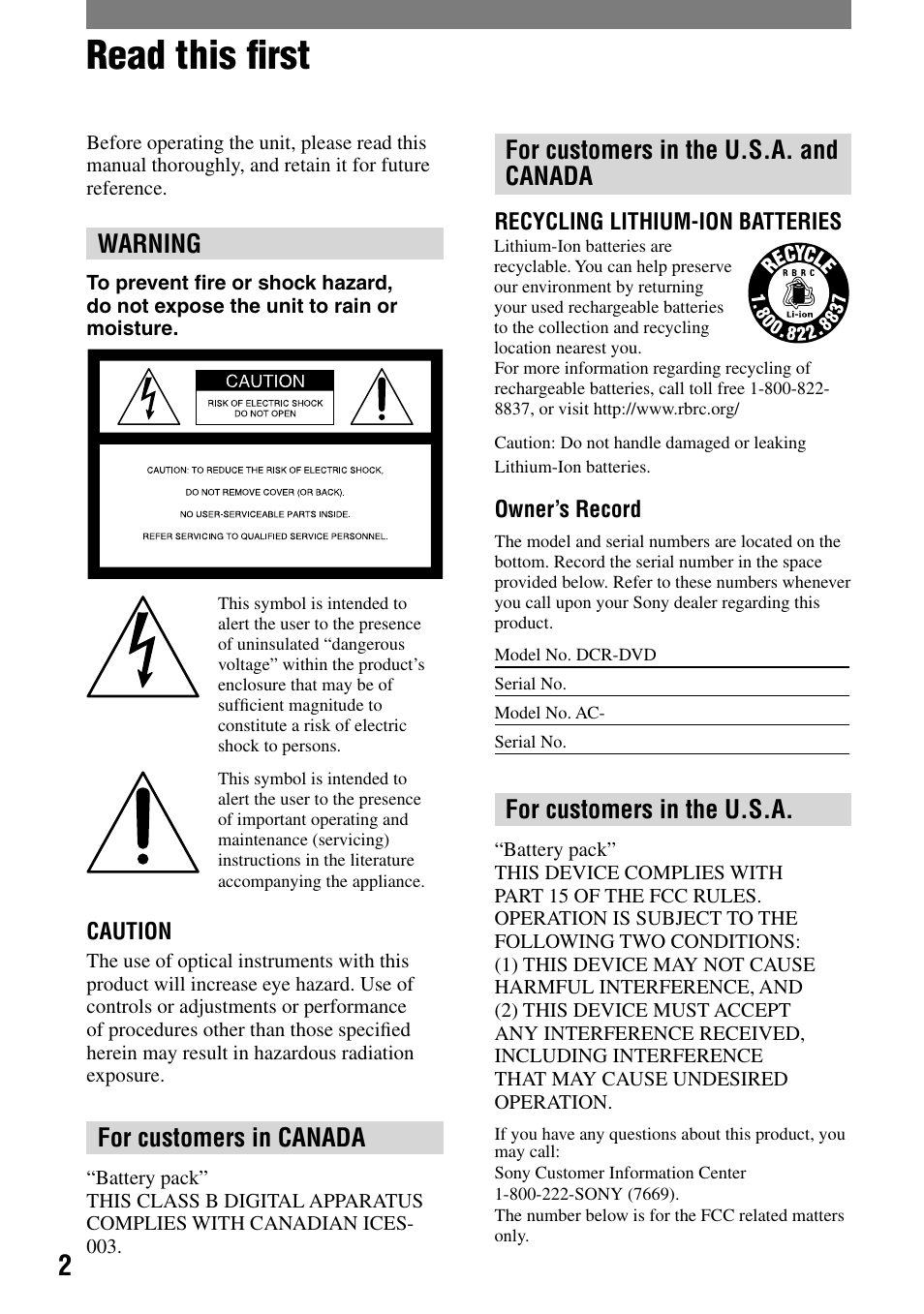 Read this first, Read this ﬁrst, Warning | For customers in canada, For customers in the u.s.a. and canada, For customers in the u.s.a | Sony DCR-DVD92 User Manual | Page 2 / 120