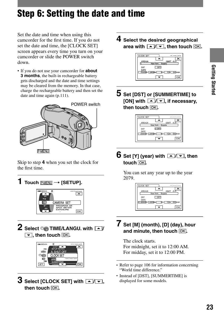 Step 6: setting the date and time | Sony DCR-DVD92 User Manual | Page 23 / 120