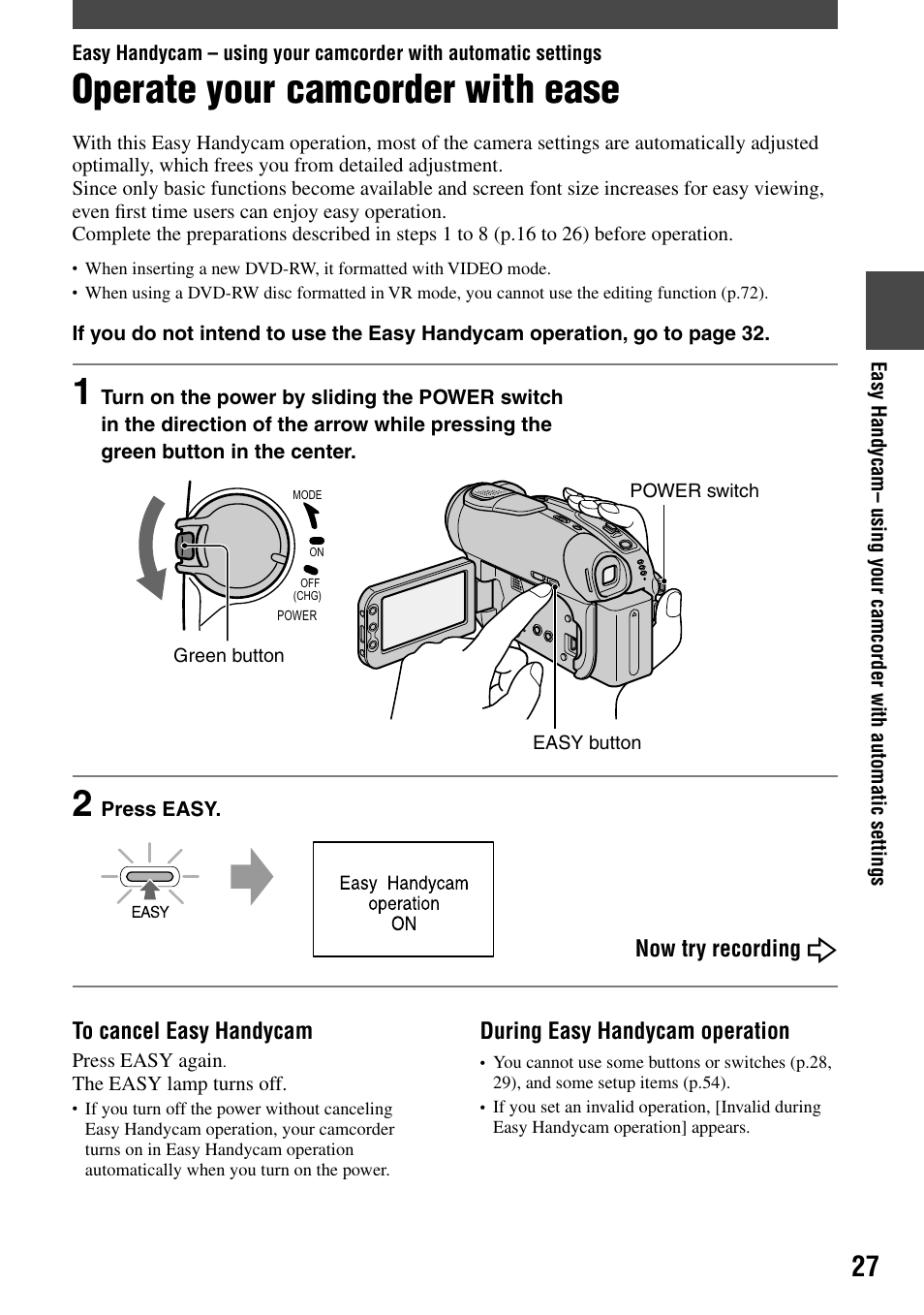 Operate your camcorder with ease | Sony DCR-DVD92 User Manual | Page 27 / 120