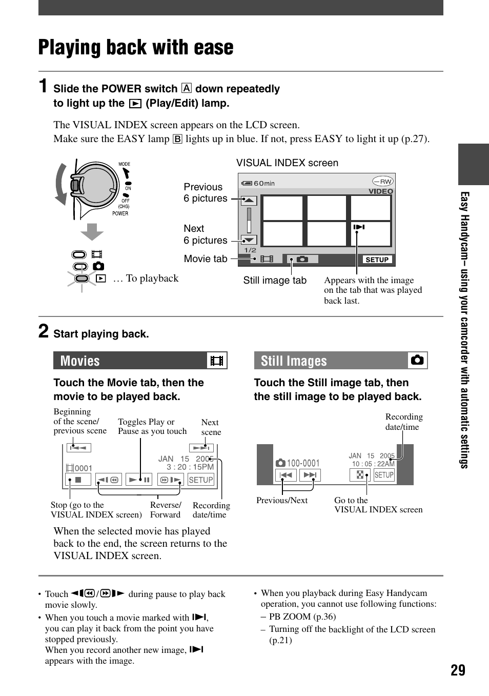 Playing back with ease, Movies still images | Sony DCR-DVD92 User Manual | Page 29 / 120