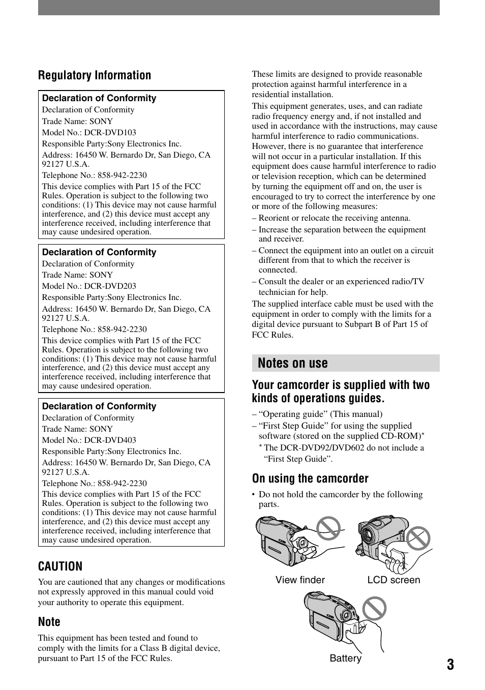 Regulatory information, Caution, On using the camcorder | Sony DCR-DVD92 User Manual | Page 3 / 120