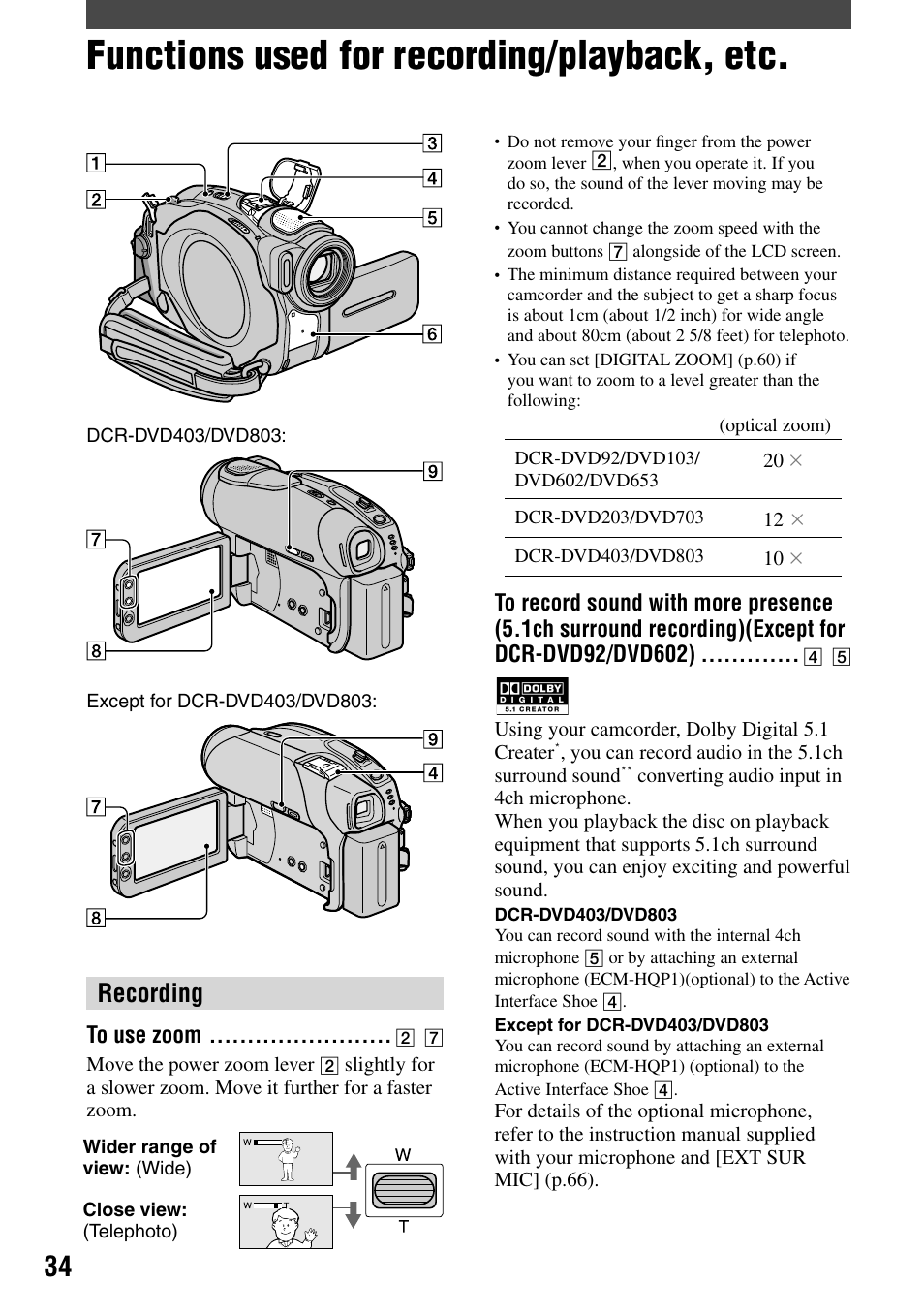 Functions used for recording/playback, etc, Recording, To use zoom | Sony DCR-DVD92 User Manual | Page 34 / 120