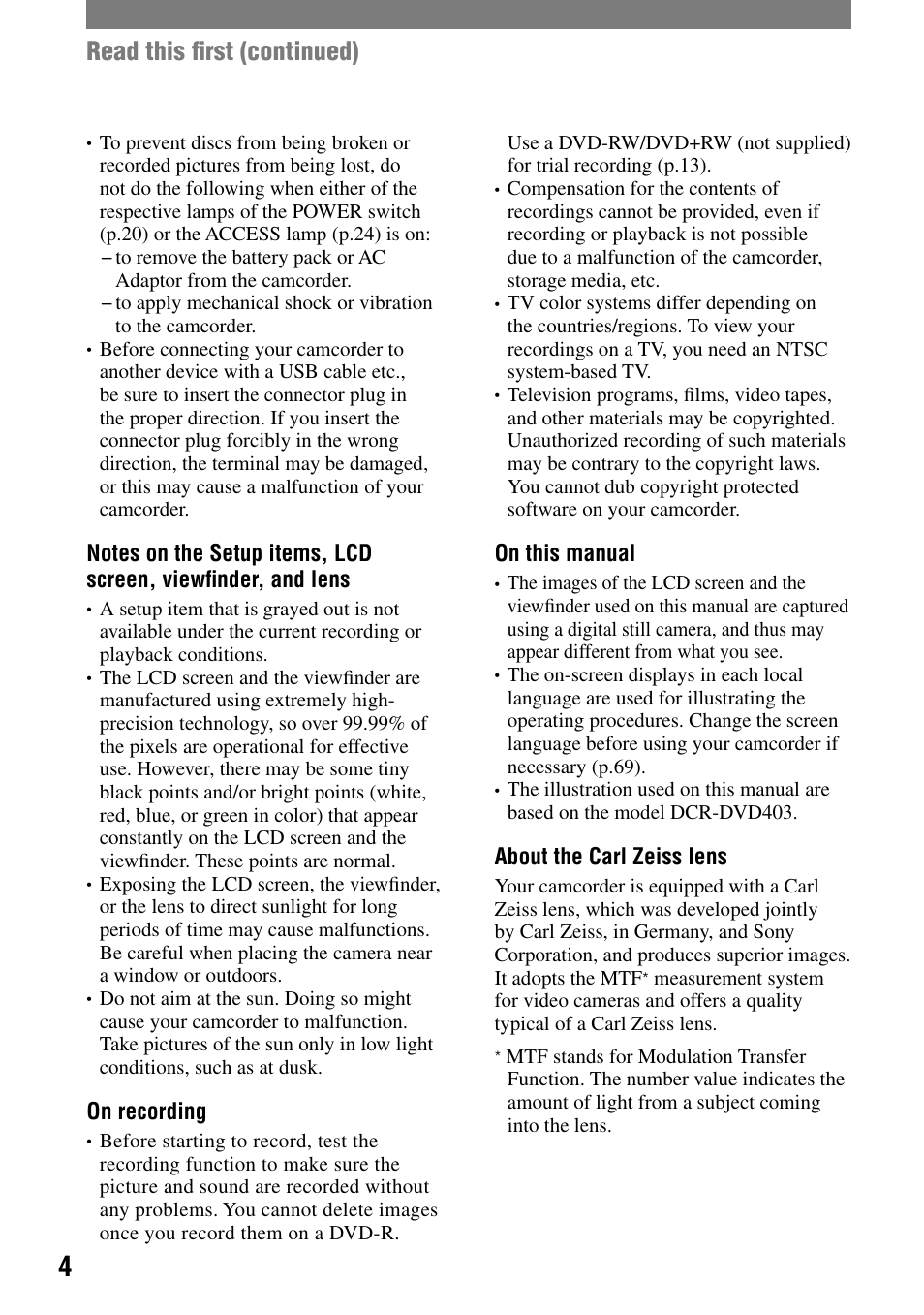 Read this ﬁrst (continued) | Sony DCR-DVD92 User Manual | Page 4 / 120