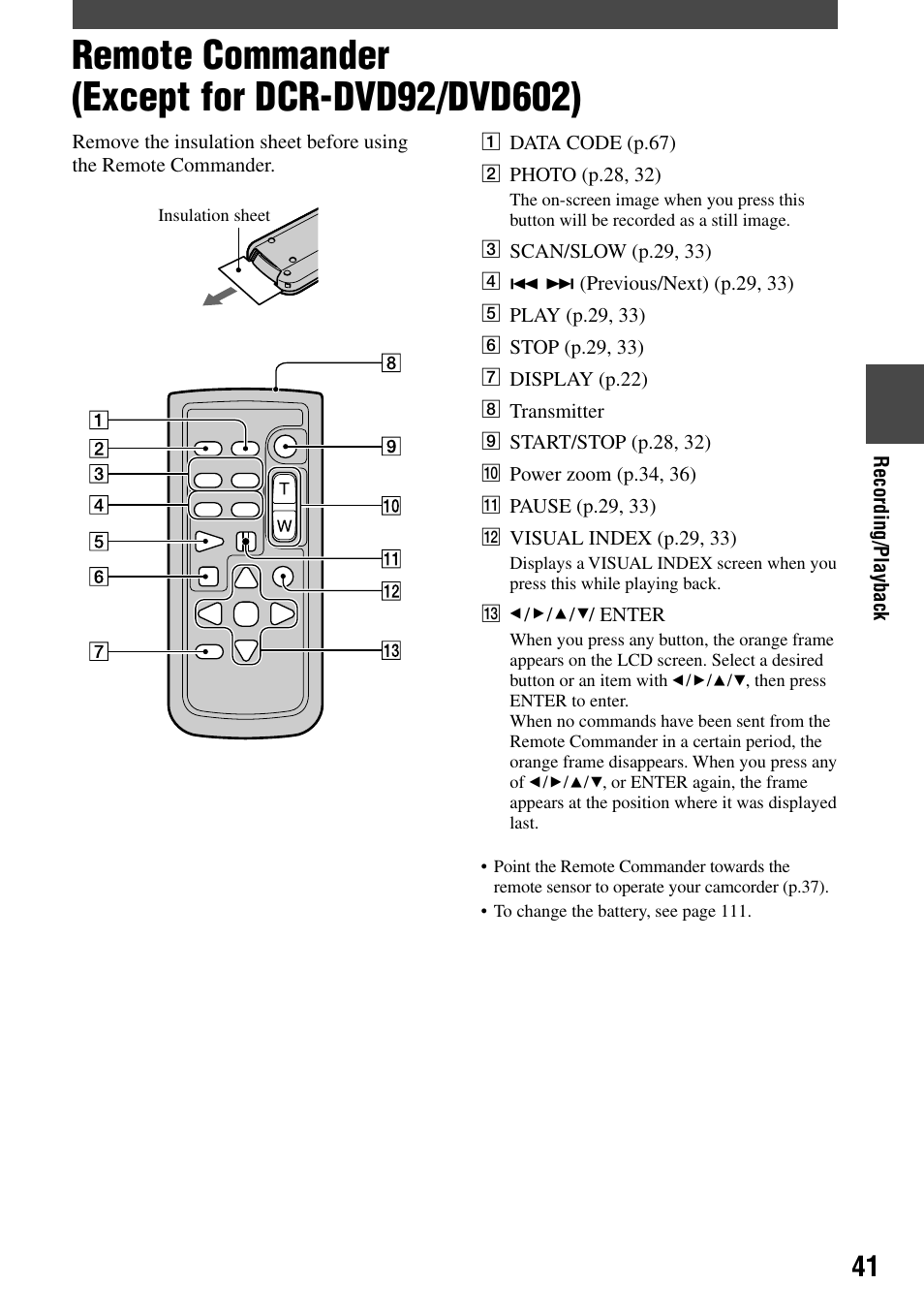 Remote commander (except for dcr-dvd92/dvd602), Data code (p.67), Photo (p.28, 32) | Scan/slow (p.29, 33), Previous/next) (p.29, 33), Play (p.29, 33), Stop (p.29, 33), Display (p.22), Transmitter, Start/stop (p.28, 32) | Sony DCR-DVD92 User Manual | Page 41 / 120
