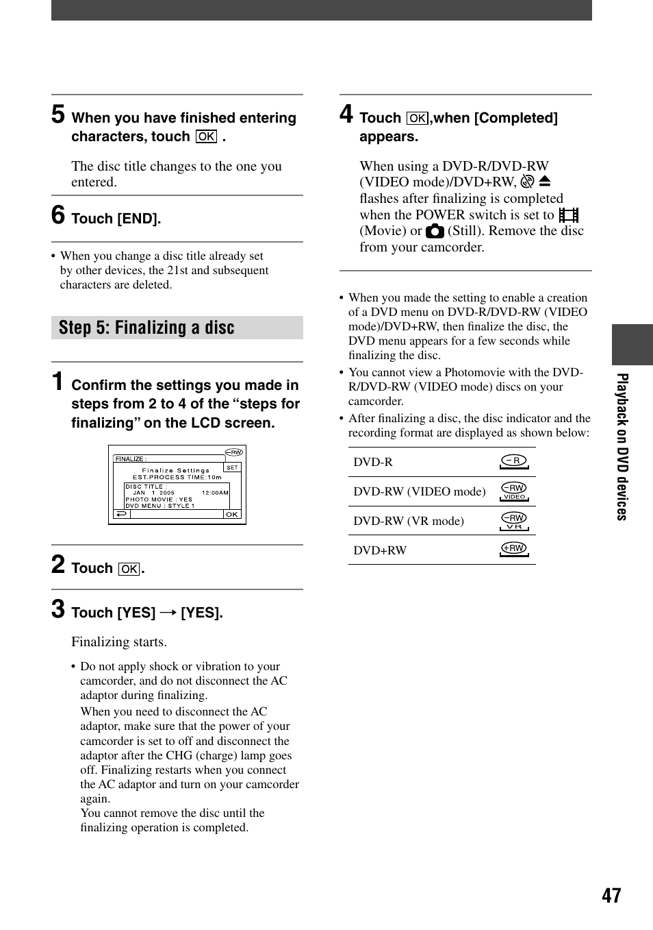 Step 5: finalizing a disc | Sony DCR-DVD92 User Manual | Page 47 / 120