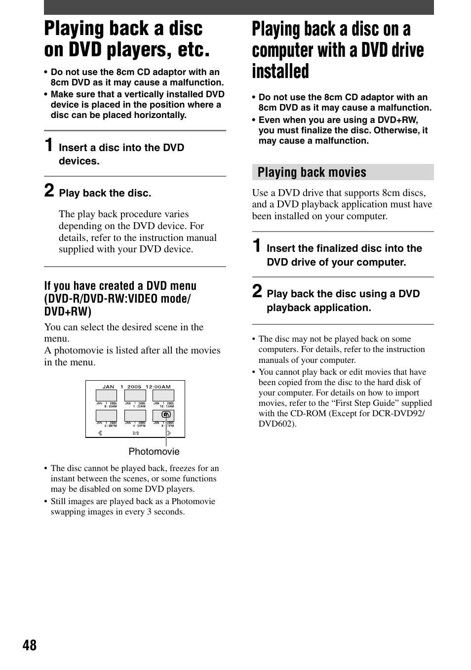 Playing back a disc on dvd players, etc | Sony DCR-DVD92 User Manual | Page 48 / 120