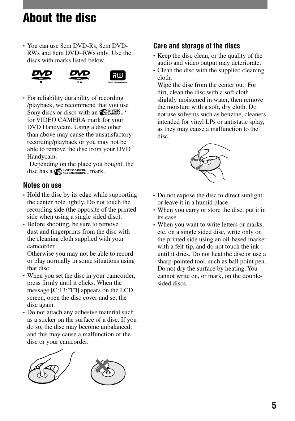 About the disc | Sony DCR-DVD92 User Manual | Page 5 / 120