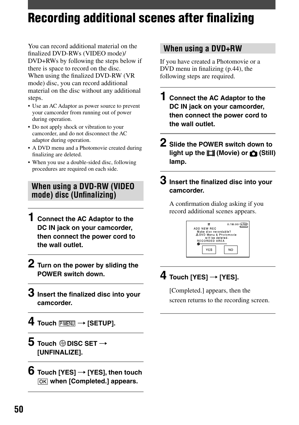 Using the recorded disc (dvd-rw/dvd+rw), Recording additional scenes after finalizing, Recording additional scenes after ﬁnalizing | Sony DCR-DVD92 User Manual | Page 50 / 120