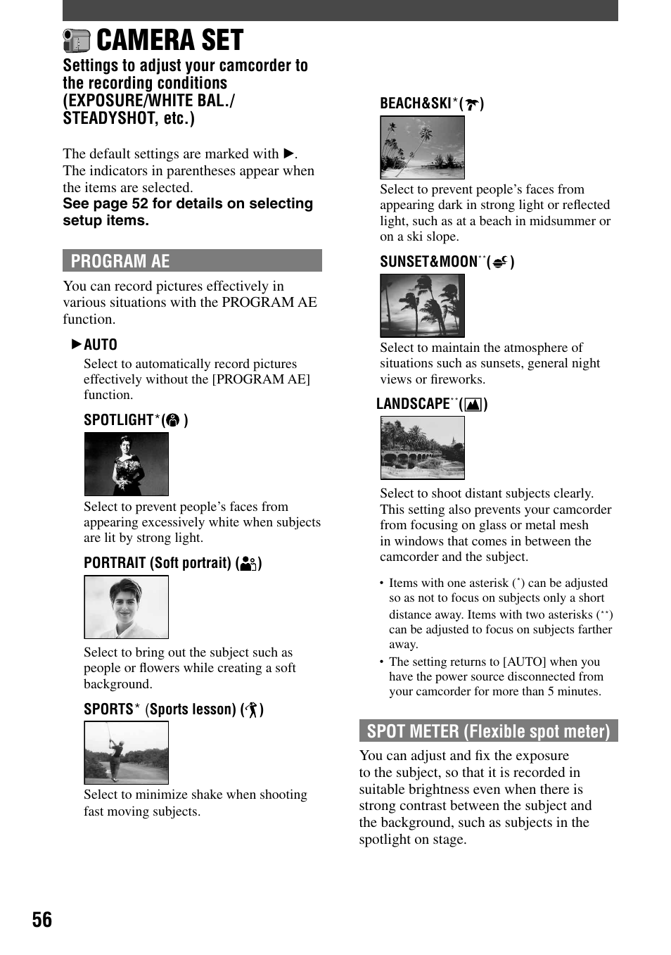 Camera set, Program ae, Spot meter (flexible spot meter) | Sony DCR-DVD92 User Manual | Page 56 / 120