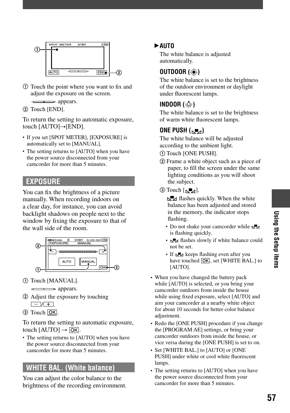 Exposure, White bal. (white balance) | Sony DCR-DVD92 User Manual | Page 57 / 120