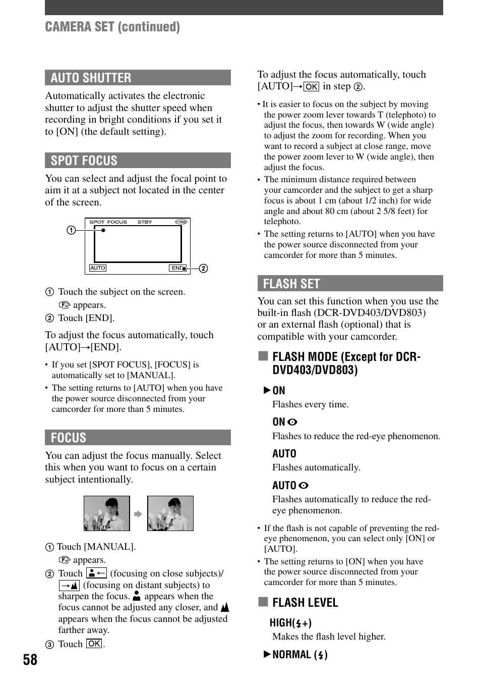 Camera set (continued), Auto shutter, Spot focus | Focus, Flash set, Flash level | Sony DCR-DVD92 User Manual | Page 58 / 120