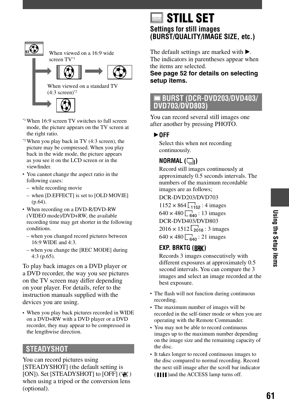 Still set, Steadyshot | Sony DCR-DVD92 User Manual | Page 61 / 120