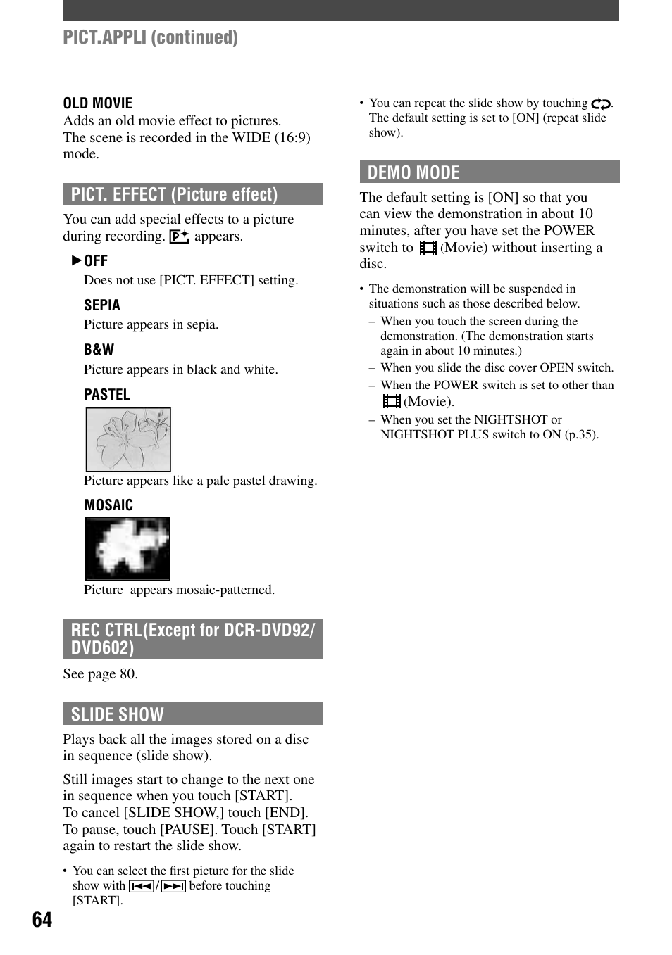 Pict.appli (continued), Pict. effect (picture effect), Slide show | Demo mode | Sony DCR-DVD92 User Manual | Page 64 / 120