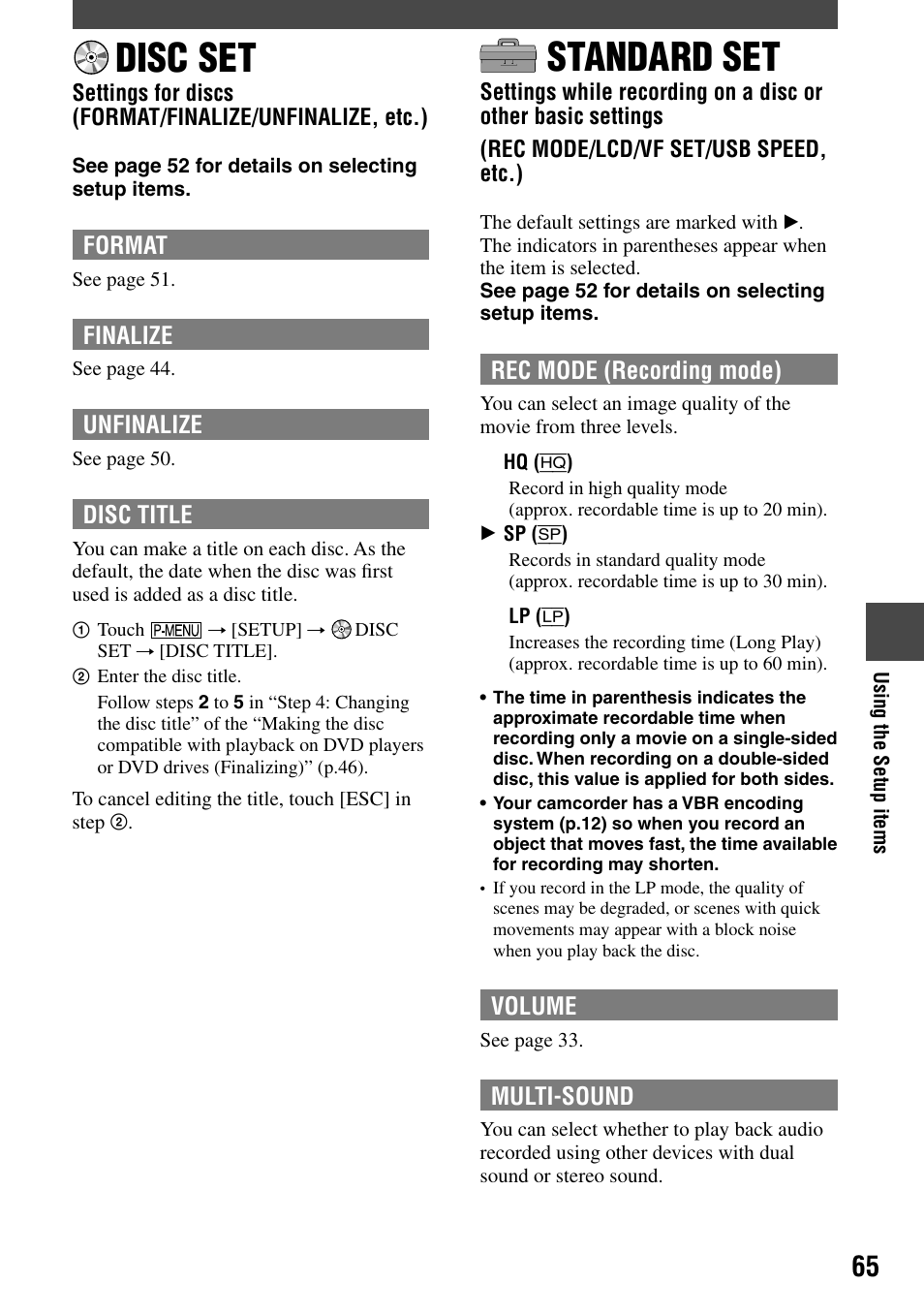Disc set, Standard set | Sony DCR-DVD92 User Manual | Page 65 / 120