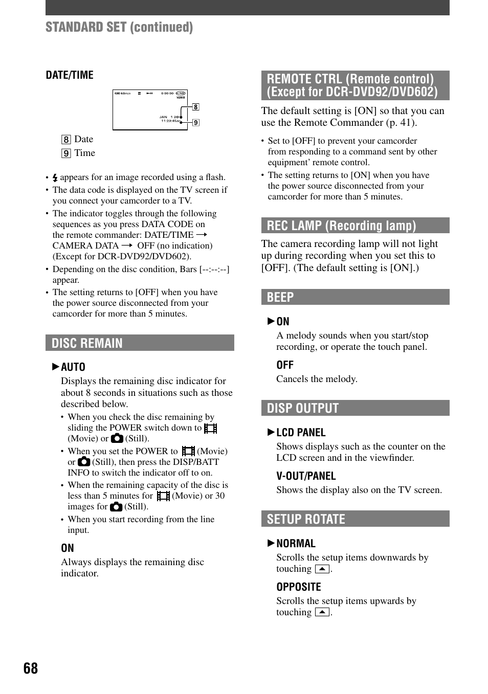 Standard set (continued), Rec lamp (recording lamp), Beep | Disp output, Setup rotate, Disc remain | Sony DCR-DVD92 User Manual | Page 68 / 120