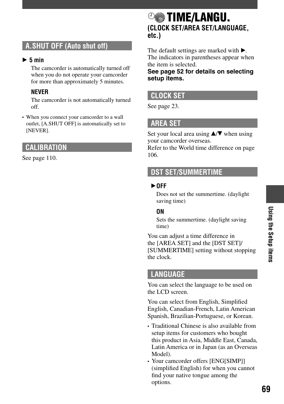 Time/langu | Sony DCR-DVD92 User Manual | Page 69 / 120