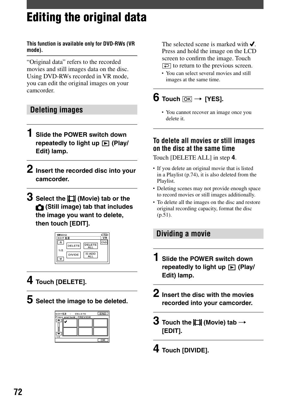 Editing on dvd handycam (dvd-rw:vr mode), Editing the original data | Sony DCR-DVD92 User Manual | Page 72 / 120