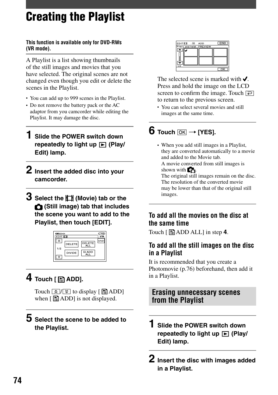 Creating the playlist | Sony DCR-DVD92 User Manual | Page 74 / 120
