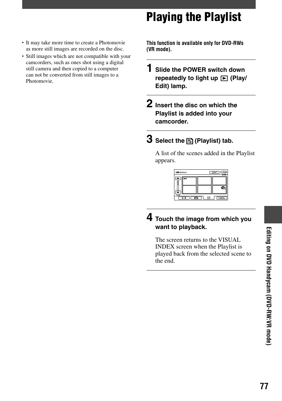 Playing the playlist | Sony DCR-DVD92 User Manual | Page 77 / 120