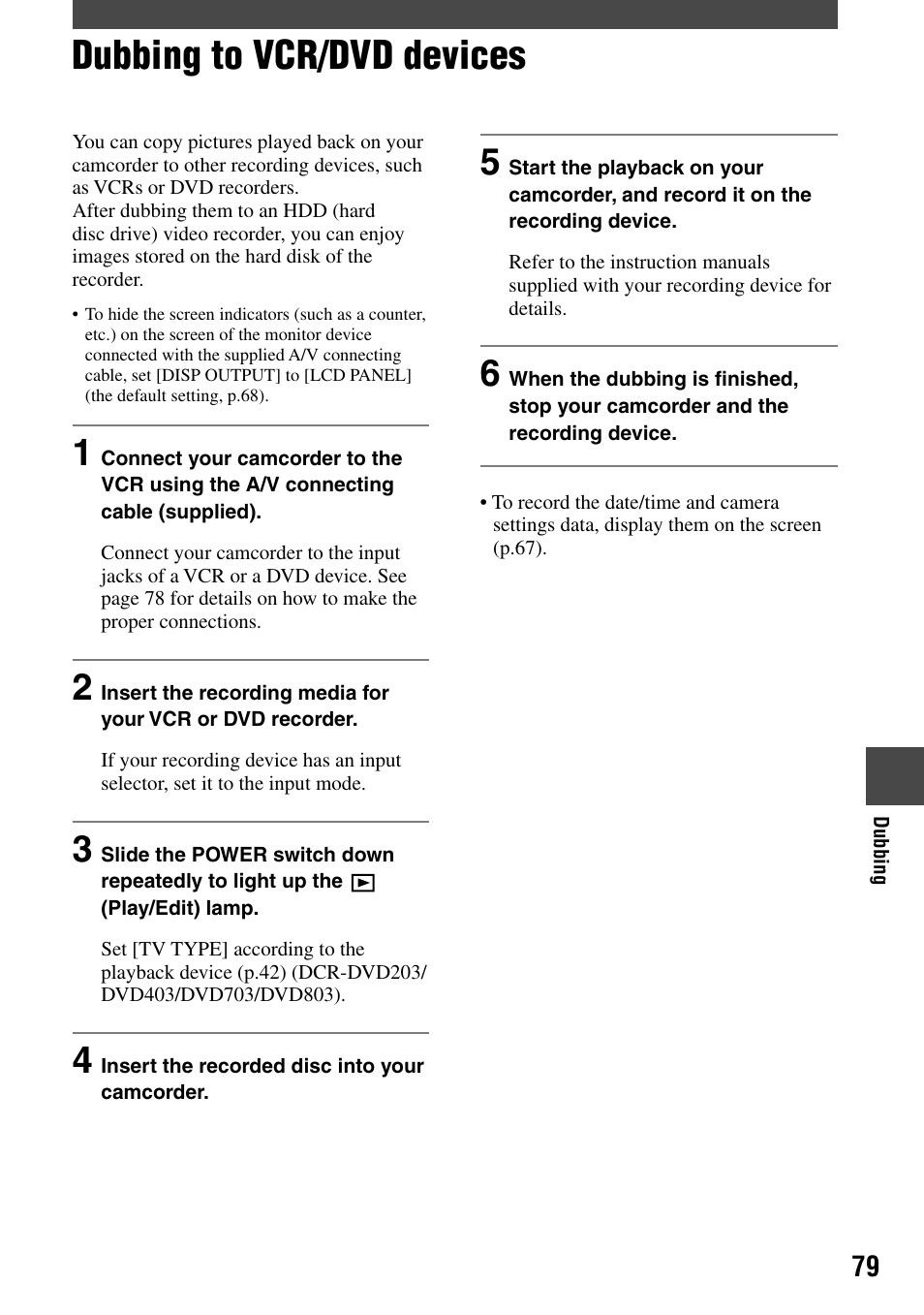 Dubbing to vcr/dvd devices | Sony DCR-DVD92 User Manual | Page 79 / 120