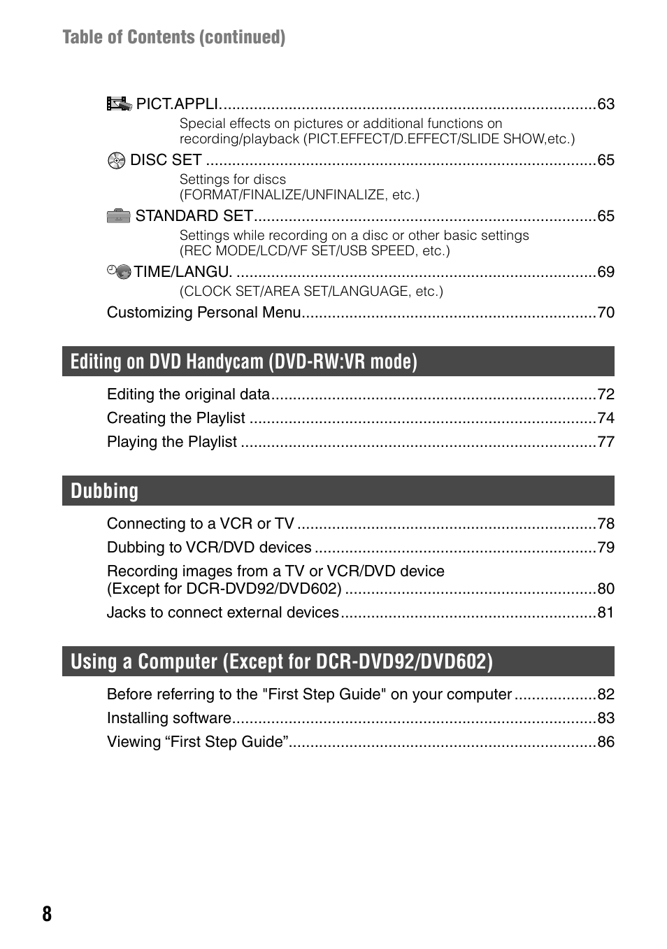 Editing on dvd handycam (dvd-rw:vr mode), Dubbing, Table of contents (continued) | Sony DCR-DVD92 User Manual | Page 8 / 120