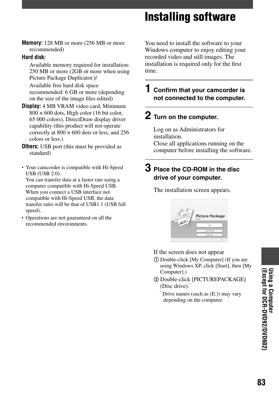 Installing software | Sony DCR-DVD92 User Manual | Page 83 / 120