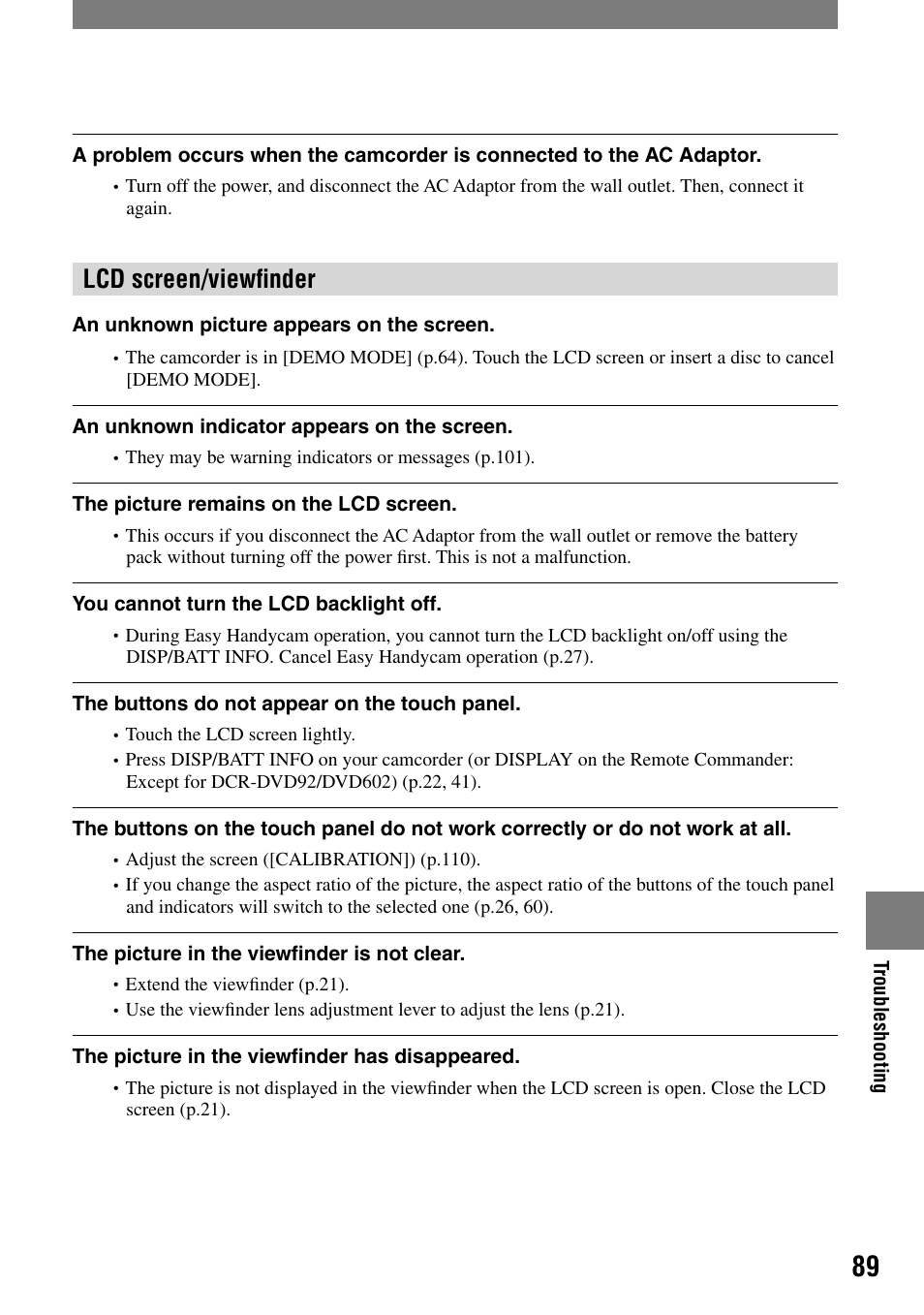 Lcd screen/viewﬁnder | Sony DCR-DVD92 User Manual | Page 89 / 120