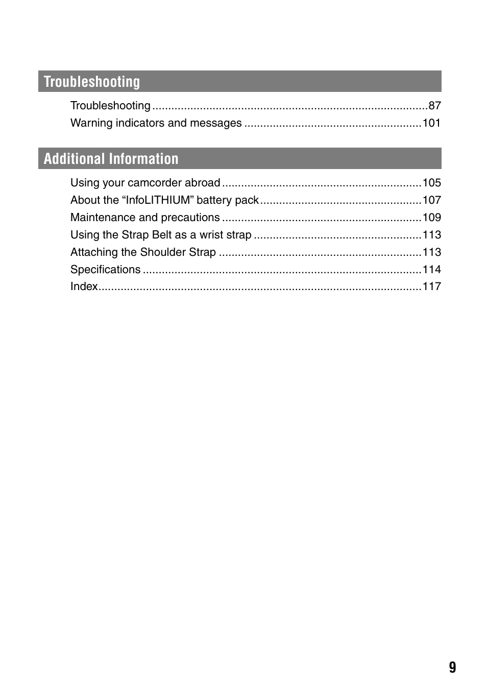 Troubleshooting, Additional information | Sony DCR-DVD92 User Manual | Page 9 / 120