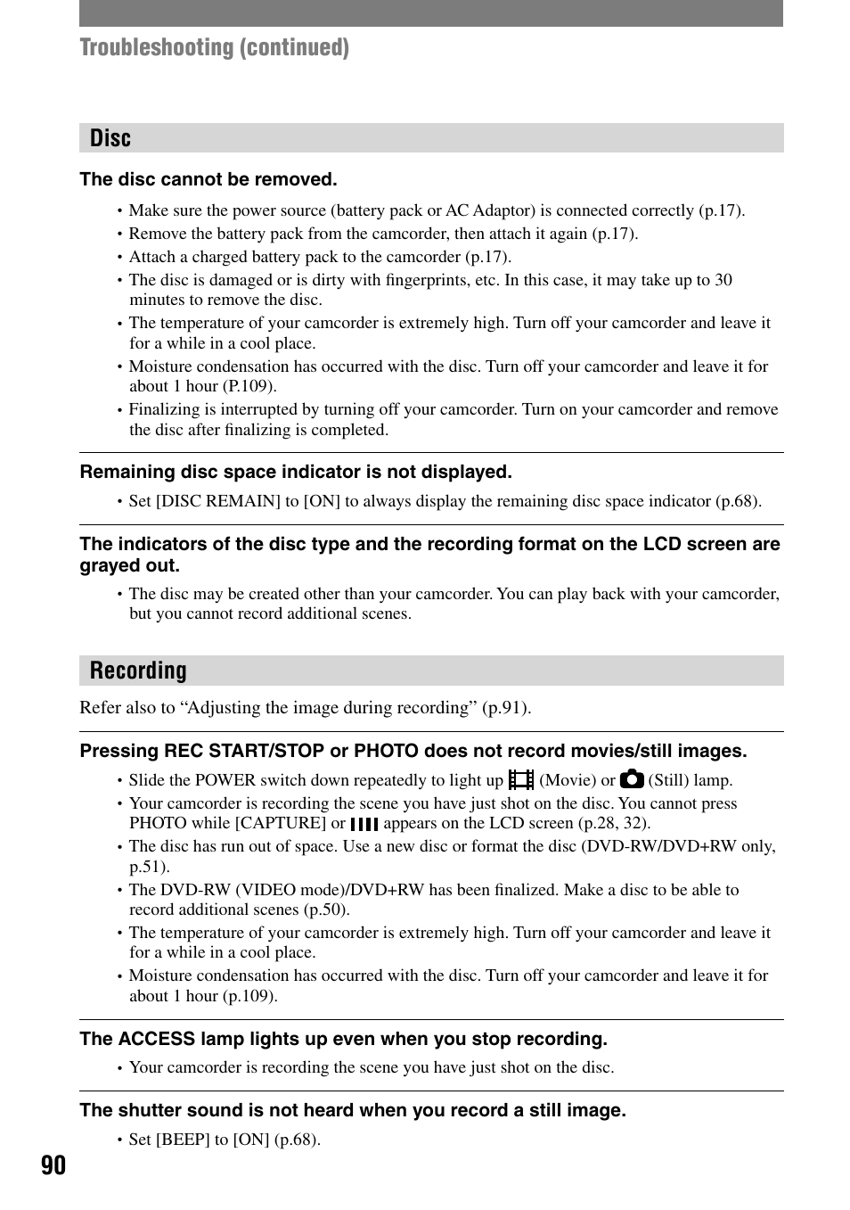 Troubleshooting (continued) disc, Recording | Sony DCR-DVD92 User Manual | Page 90 / 120