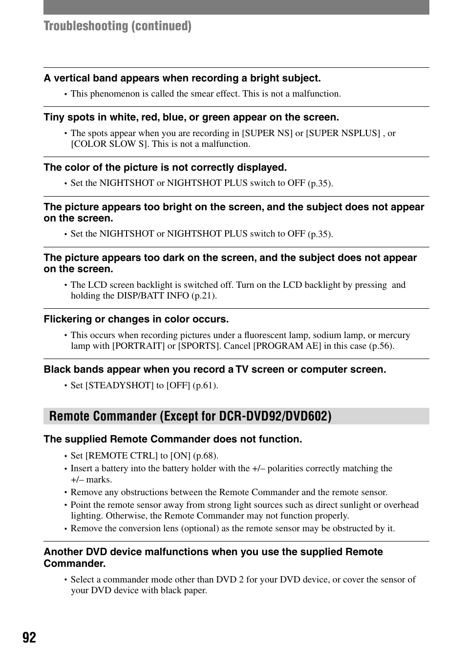 Troubleshooting (continued) | Sony DCR-DVD92 User Manual | Page 92 / 120